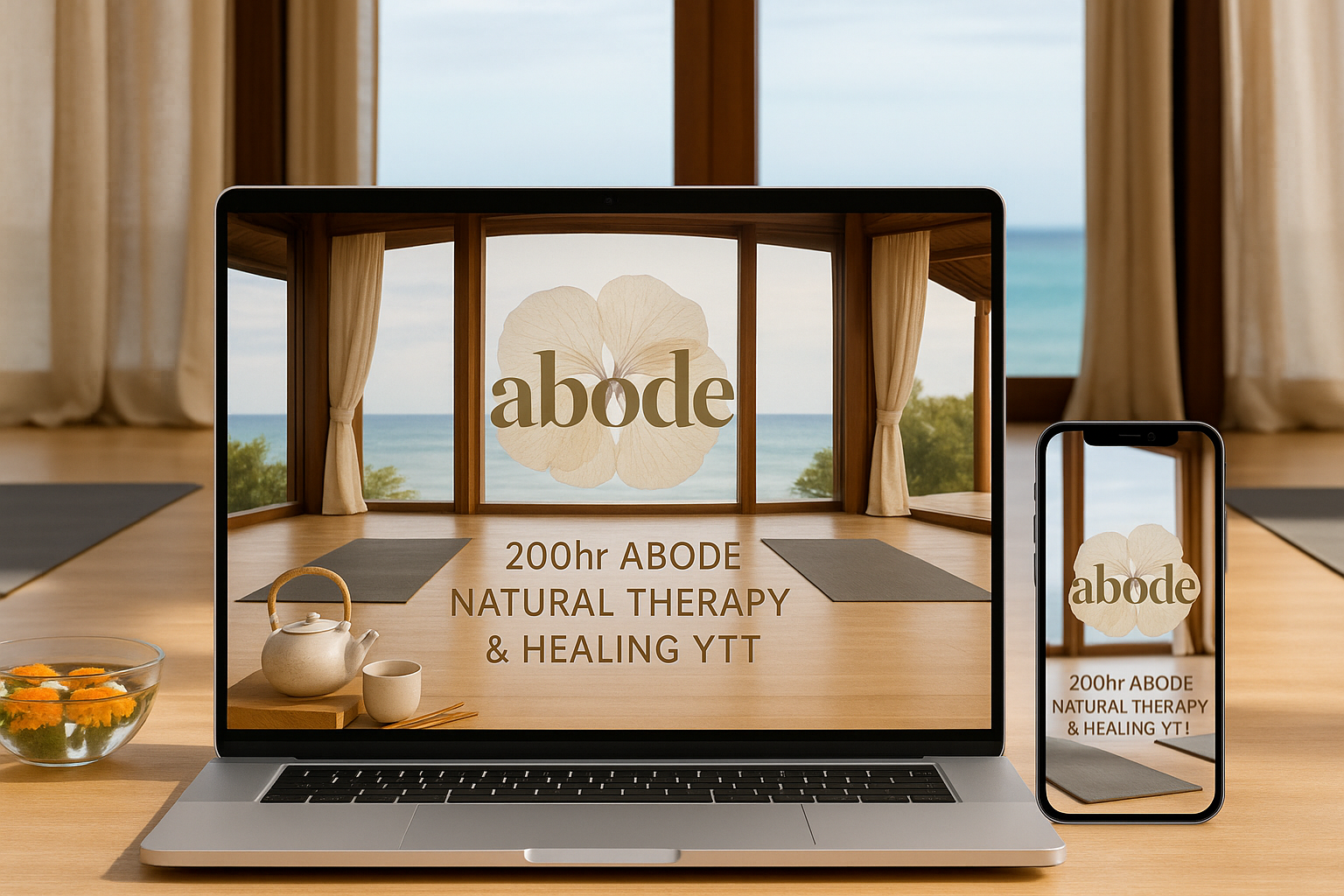 ABODE 200hr online training on laptop and phone